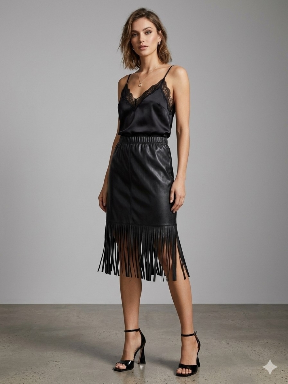Versona Black Faux-Leather Fringe Midi Skirt
